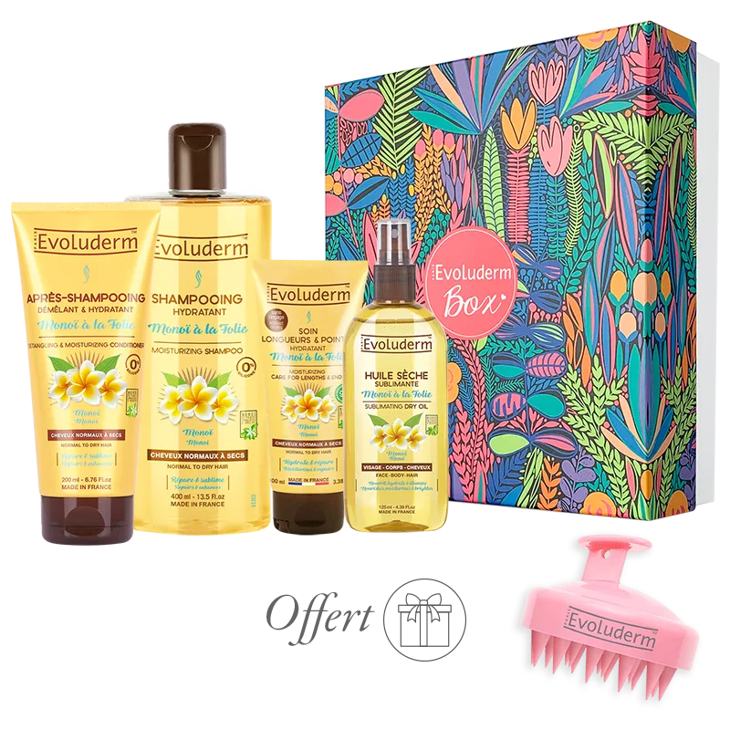 EVOLUDERM - Coffret Cadeau Bain Femme Corps & Cheveux au Monoï de Tahiti – 6 produits – Gant Exfoliant offert - Origine Naturelle - Cadeau de Noël, Anniversaire, Fête des Mères