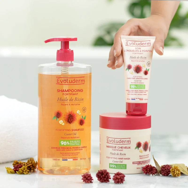 Routine Cheveux à l’Huile de Ricin – 3 Produits pour Cheveux Frisés, Secs ou Crépus + Pince Cheveux Offerte