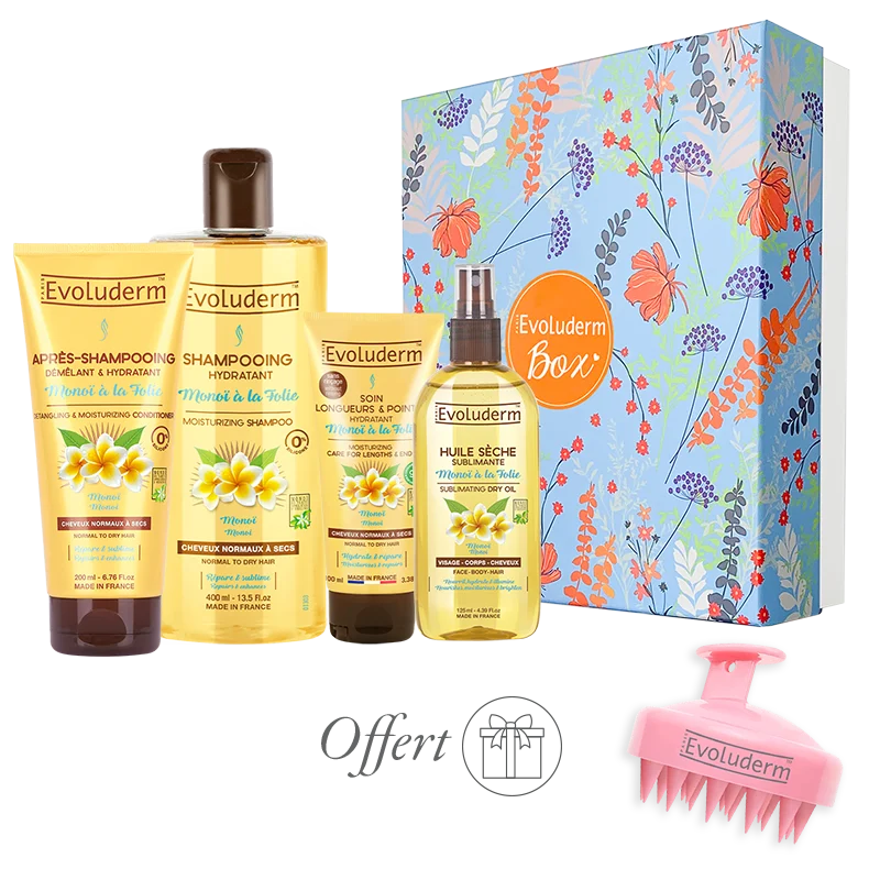 EVOLUDERM - Coffret Cadeau Bain Femme Corps & Cheveux au Monoï de Tahiti – 6 produits – Gant Exfoliant offert - Origine Naturelle - Cadeau de Noël, Anniversaire, Fête des Mères