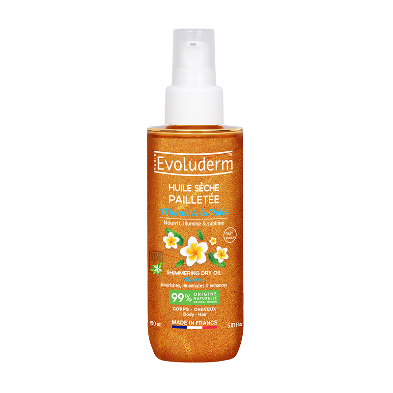 Huile Sèche Pailletée Monoï à la Folie de la marque Evoluderm